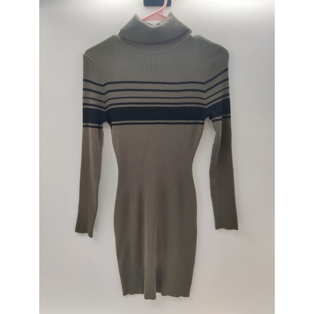 Arizona Jean Co Olive Green Striped Ribbed Turtleneck Sweater Dress Medium